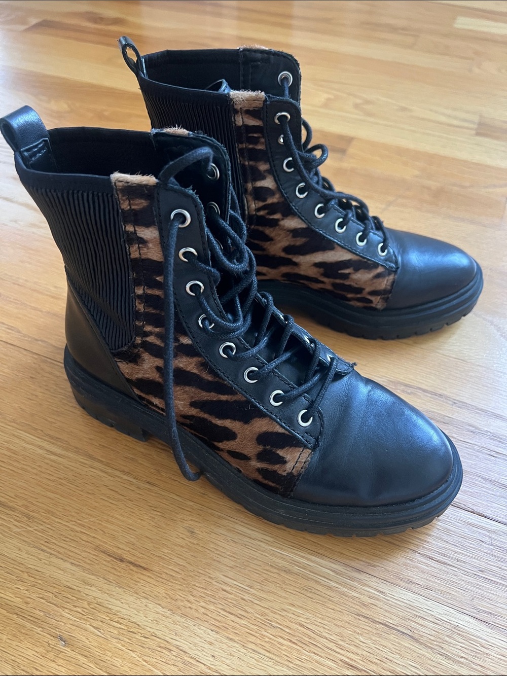 Vince Camino Women's Black and Brown Leopard Lace-Up Combat Boots - with box